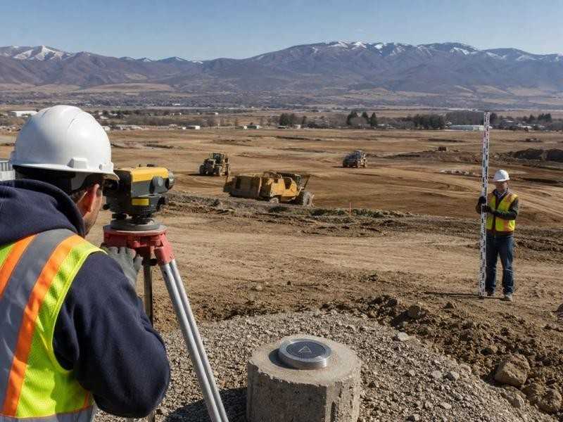 Surveyor checking a permanent elevation benchmark on a settling valley floor construction site.